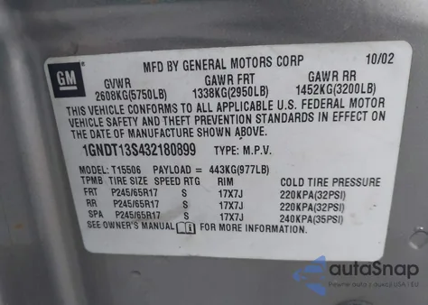 2003 Chevrolet Trailblazer Ltz from USA, damaged, VIN 1GNDT13S432180899